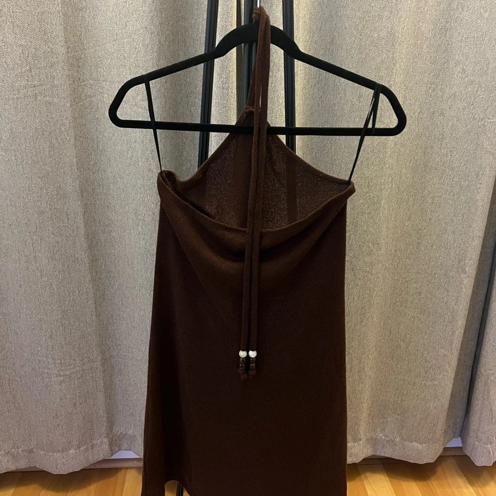 H&M Brown Mini Beaded Halter Vacation Dress - Size Medium - Picture 3 of 6